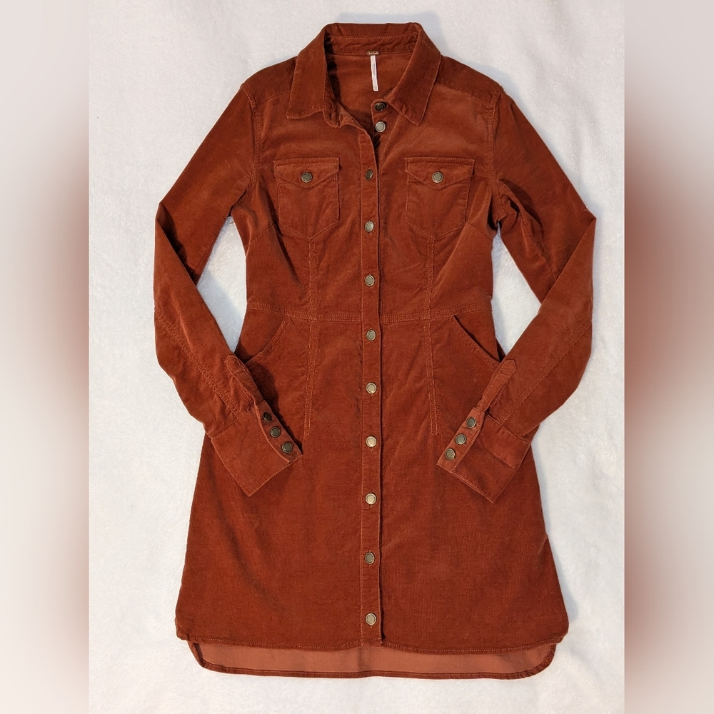 Free People Burnt Orange Corduroy Long Sleeve Shirt Dress